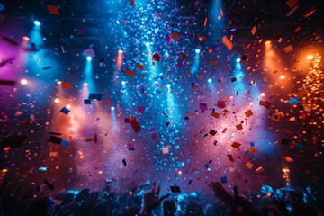 A vibrant concert scene with bright lights and colorful confetti creating an ecstatic atmosphere among the energetic crowd - obrazy, fototapety, plakaty