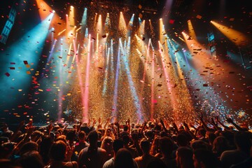 An energetic crowd with hands up in excitement at a music festival, confetti flying in the air