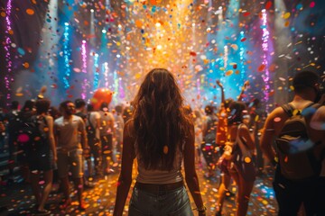 Back view of a person facing an explosion of colourful confetti at a joyous event
