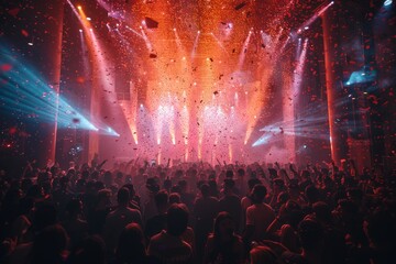 The back view of a massive crowd is engaging with the spectacle on stage, featuring a confetti show in a festival atmosphere