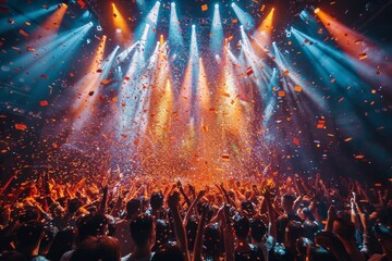 A lively crowd raises their hands in a joyous celebration, showered in confetti at an energetic party or concert