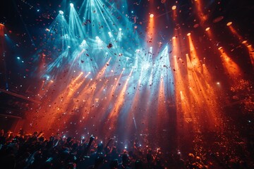 Gleaming beams of light cut through a confetti-filled air above an ecstatic crowd at a high-energy...