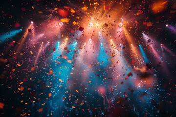 A high-energy snapshot of a club with stunning light effects and confetti suggests a night of unforgettable festivities and fun - obrazy, fototapety, plakaty