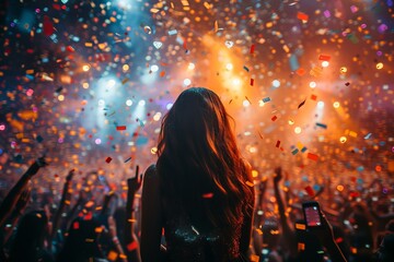 A woman is shown from the back gazing into a sea of colorful confetti, lights, and a partying crowd at a festive event