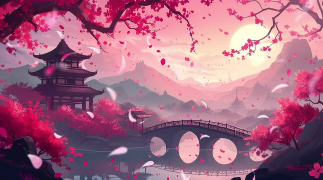Sakura Serenity: A graceful pagoda nestled near a charming bridge adorned with blooming sakura trees, creating a tranqui Seamless looping 4k time-lapse virtual video animation background. Generated AI