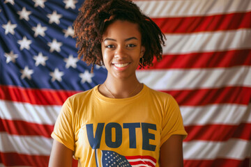 young Black female USA American election voter portrait in front of American flag - obrazy, fototapety, plakaty