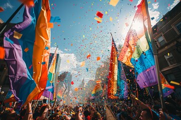 Confetti rains down as a crowd celebrates pride with a vibrant display of flags and enthusiasm