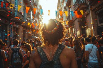 Warm sunlight bathes a bustling street adorned with pride decorations and filled with confetti and revelers