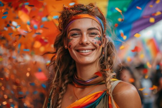 A joyful young woman with face paint and braided hair is smiling at a colorful festival, surrounded by confetti