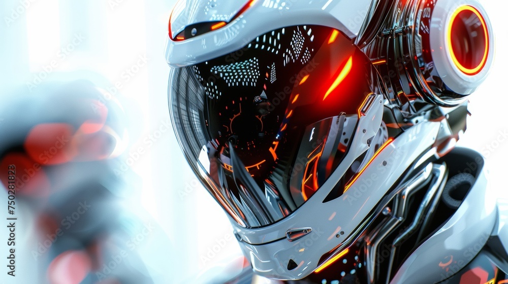 Poster the reflective surface of a hightech cybernetic suit worn by one of the explorers showcasing advance