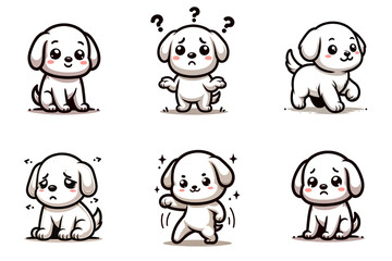 白い犬のキャラクターがさまざまな表情をしているイラストのセット。座っている犬、散歩している犬、踊っている犬などのかわいいイラスト