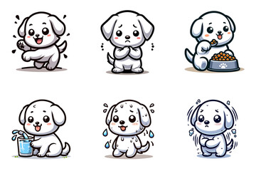 白い子犬のキャラクターが色々なポーズをとっているイラストのセット。喜んでいる表情、謝っているポーズ、ご飯を食べている犬などのかわいいイラスト