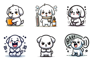 犬のキャラクターイラストのセット。白くてかわいい子犬のイラスト。笑っている犬、怒っている犬、泣いている犬などのイラスト