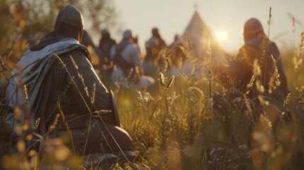 A group of knights take a break from their journey setting up camp in a beautiful field. They share stories jokes and songs forming a strong bond that goes beyond their knighthood.