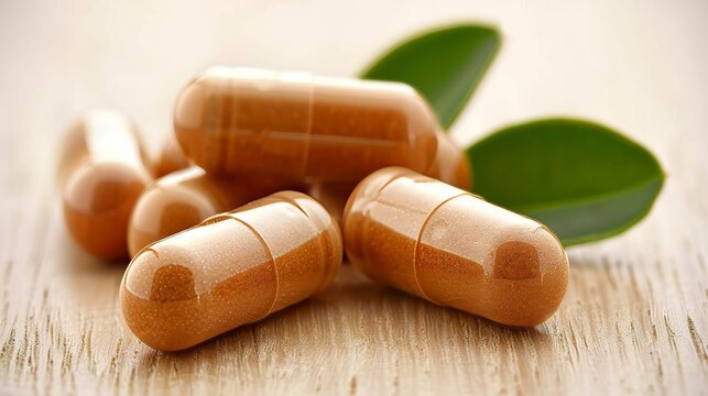 Natural herbal capsules made from fresh herb leaves on wooden table for alternative medicine concept