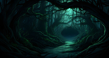 a pathway is running through some dark woods