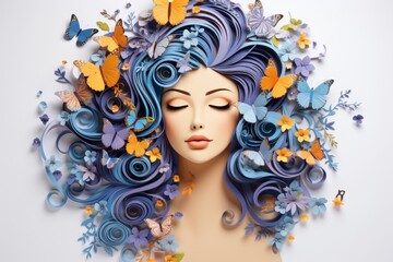 Portrait of a woman with blue hair made of flowers and butterflies on a white background. Isolated on a white background. Modern, retro, fashion, old styled, creative. Paper cut style illustration.