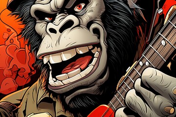 Gorilla playing guitar Close up shot Low angle manga japan fighter