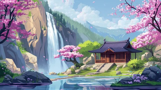 Sakura Sanctuary: A traditional Japanese house nestled beside a tranquil waterfall, with a graceful sakura tree in full  Seamless looping 4k time-lapse virtual video animation background. Generated AI
