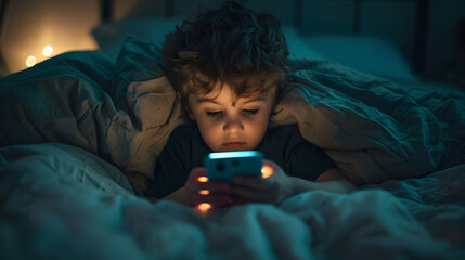 a Sleepless boy with Smartphone Addict - obrazy, fototapety, plakaty