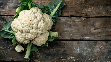 Cauliflower on wooden table. Rustic tabletop with cauliflower. Top view