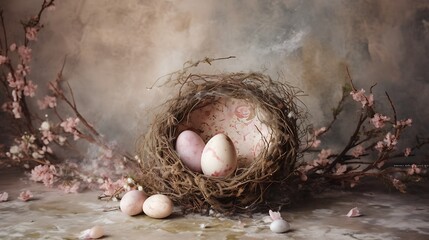 Easter eggs in a nest for Easter day background 