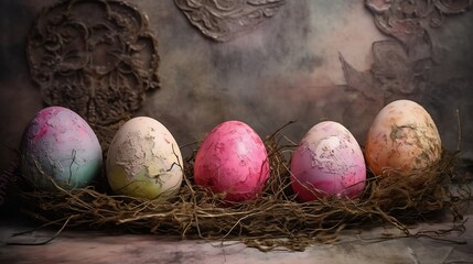 Pink Easter egg with nest in realistic digital drawing style - obrazy, fototapety, plakaty