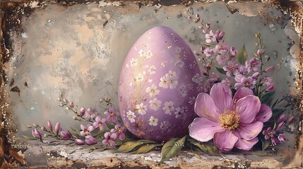 Sweet purple, Victorian vintage Easter egg painted with flower decoration, for Easter Day festival background  - obrazy, fototapety, plakaty