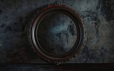 Round picture frame on dark wall background. Halloween theme. copy text space.