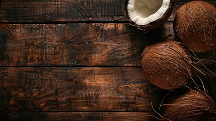 Coconuts on wooden table. Rustic tabletop with coconut. Top view
