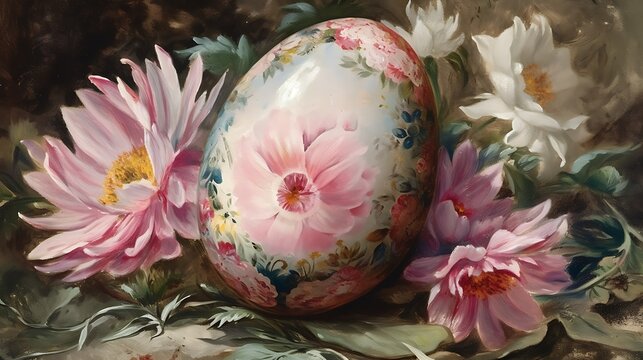 Victorian vintage Easter egg painted with flower decoration, for Easter Day festival background 
