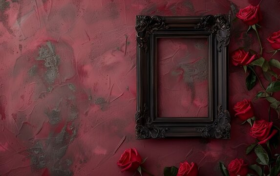 Frame photo with rose flower on a red wall background. Halloween theme. copy text space.