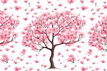 Fototapeta premium Pink cherry blossom tree with falling petals on white background. Isolated on white background. Use for spring, blossom, or nature concepts. Great for backgrounds, cards, and posters.