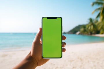 Person holding green screen chromakey smartphone on tropical vacation. Time off on holidays. Hand holding blank mock up phone screen on tropical beach.