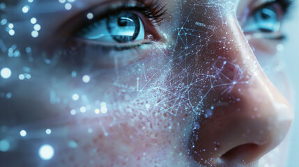 A closeup of a human face with a skin condition being analyzed through a digital animation.