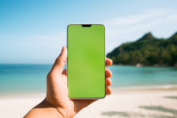 Person holding green screen chromakey smartphone on tropical vacation. Time off on holidays. Hand holding blank mock up phone screen on tropical beach.