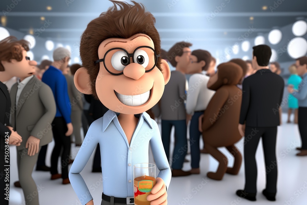 Poster monkey networking at a corporate event over the shoulder shot eye level papercut 3d style