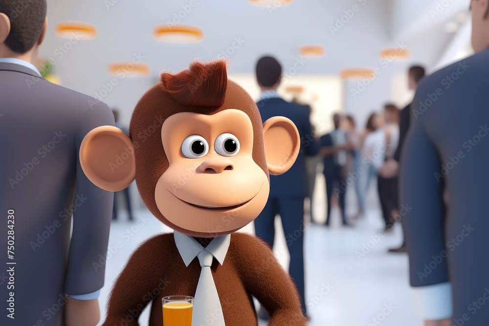 Poster monkey networking at a corporate event over the shoulder shot eye level papercut 3d style