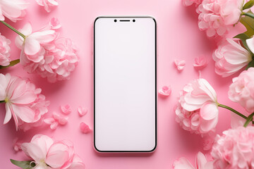 Green screen chromakey smartphone on spring background for spring greetings. Blank mock up phone screen with spring flowers.