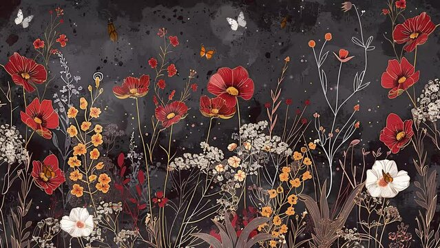 luxury botanical background with trendy wildflowers. seamless looping overlay 4k virtual video animation background