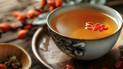 A closeup of a cup of aromatic herbal tea made with traditional Chinese ingredients like ginseng goji berries and dried wolfberries.