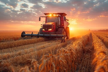 Stunning image capturing a modern combine harvesting wheat during a sunset in a rural landscape - obrazy, fototapety, plakaty