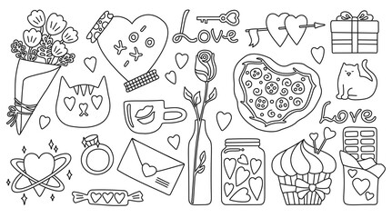 Valentines Day set with gift and other romantic elements, doodle vector on white background. Linear present, flower bouquet, rose cupcake pizza, candy and mail. Cute love concept graphic illustration