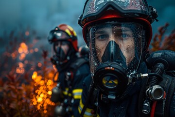 A firefighter, in full gear, stands ready amidst a smoky environment, highlighting the intensity and danger of firefighting - obrazy, fototapety, plakaty