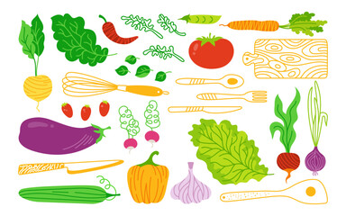 Vegetables and kitchen utensils cartoon drawing set. Vegetable carrot, cucumber, lettuce, pepper or onion garlic etc. Hand drawn healthy diet farm product. Doodle fresh vegetarian baby menu vector