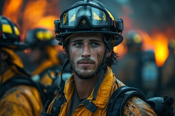 Portrait of a focused firefighter with a determined expression standing before active flames - obrazy, fototapety, plakaty
