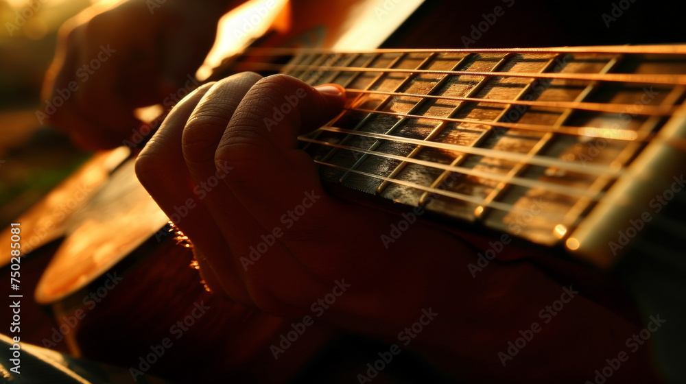 Poster a closeup of a guitar with a persons fingers strumming the strings creating a theutic melody that re