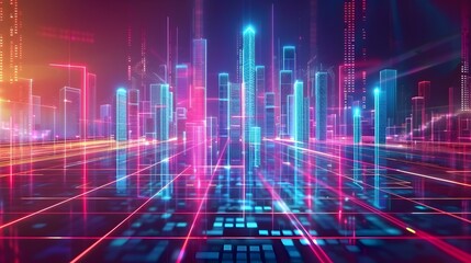 A conceptual and colorful cityscape with glowing neon lights depicted in a modern and futuristic style with a mixture of cyan magenta and maroon