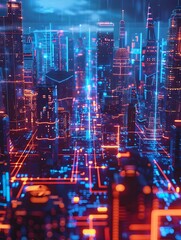 Fototapeta na wymiar A digital art illustration of a futuristic city with bright lights and neon-infused digitalism in a style of dark turquoise and red showcasing modern advancements and innovative technology in an urban