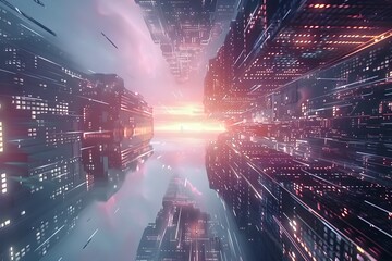 Take a tour of this shimmering and illuminated futuristic cityscape with a style of light magenta and light cyan This abstract city with lighting and technology in the style of light sky-blue and ligh